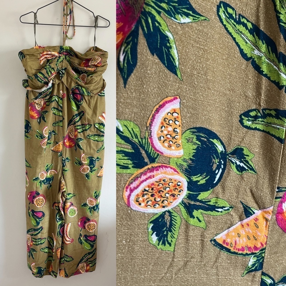 NWT The Odells Isla Green Tropical Print Halter Neck Sleeveless Jumpsuit